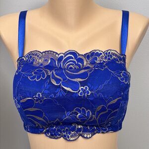 Comfort Choice Bra 36C Lace Wireless Cami Bra Blue Gold Lined Floral Overlay